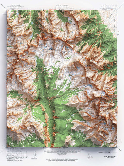 Mt Whitney (California, USA), Topographic map - 1960, 2D printed shaded relief map with 3D effect of a 1960 topographic map of Mt Whitney (California, USA). Shop our beautiful fine art printed maps on supreme Cotton paper. Vintage maps digitally restored and enhanced with a 3D effect. VizCart from Vizart