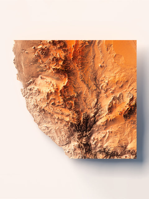Namib Desert (Namibia), Elevation tint - Red, 2D printed shaded relief map with 3D effect of Namib desert (Namibia) with red hypsometric tint. Shop our beautiful fine art printed maps on supreme Cotton paper. Vintage maps digitally restored and enhanced with a 3D effect., VizCart from Vizart