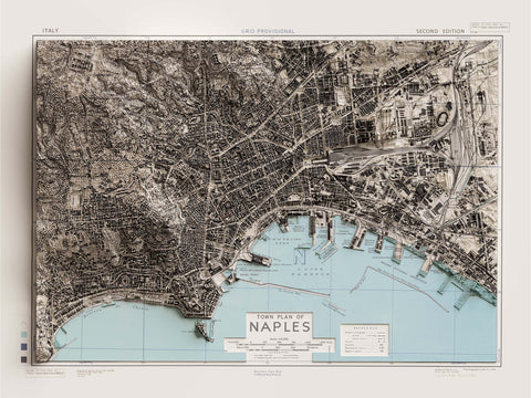 Naples (Italy), City map - 1943, 2D printed shaded relief map with 3D effect of a 1943 city map of Naples. Shop our beautiful fine art printed maps on supreme Cotton paper. Vintage maps digitally restored and enhanced with a 3D effect. VizCart from Vizart