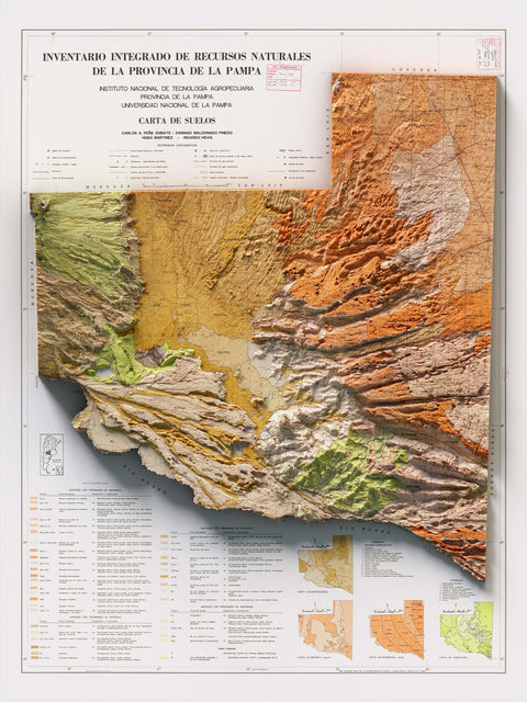 Pampas (Argentina), Soil map - 1976, 2D printed shaded relief map with 3D effect of a 1976 soil map of Pampas province (Argentina). Shop our beautiful fine art printed maps on supreme Cotton paper. Vintage maps digitally restored and enhanced with a 3D effect. VizCart from Vizart