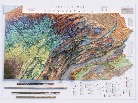 Pennsylvania, Geological map - 1960, 2D printed shaded relief map with 3D effect of a 1960 geologic map of Pennsylvania (USA). Shop our beautiful fine art printed maps on supreme Cotton paper. Vintage maps digitally restored and enhanced with a 3D effect. VizCart from Vizart.