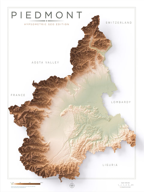 Piedmont (Italy) geo shaded relief elevation map printed on fine art paper