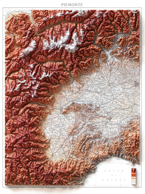 Piedmont (Italy), Topographic map - 1935, 2D printed shaded relief map with 3D effect of a 1935 topographic map of Piedmont (Italy). Shop our beautiful fine art printed maps on supreme Cotton paper. Vintage maps digitally restored and enhanced with a 3D effect. VizCart from Vizart