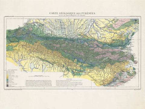 1891 Pyrenees (France, Spain) restored vintage geological map reprinted on fine art paper. Vizcart from Vizart