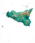 Sicily (Italy), Elevation tint - Spectral, 2D printed shaded relief map with 3D effect of Sicily (Italy) with spectral hypsometric tint. Shop our beautiful fine art printed maps on supreme Cotton paper. Vintage maps digitally restored and enhanced with a 3D effect., VizCart from Vizart
