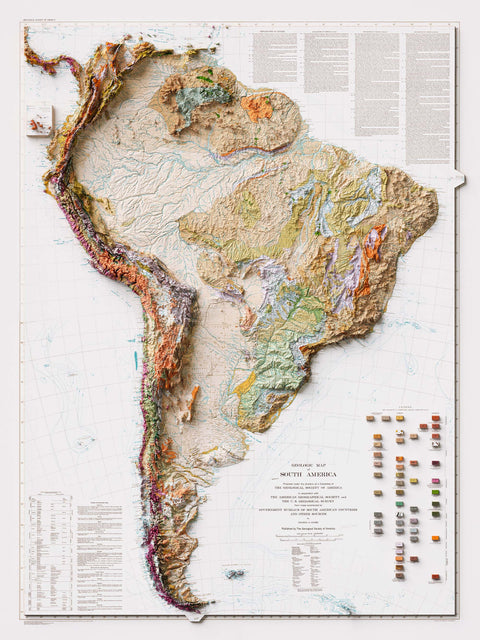 1950 South America shaded relief map print with 3D effect fine art wall decor. VizCart from Vizart.