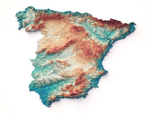 Spain continental, Elevation tint - Spectral, 2D printed shaded relief map with 3D effect of Spain continental with spectral tint. Shop our beautiful fine art printed maps on supreme Cotton paper. Vintage maps digitally restored and enhanced with a 3D effect. VizCart from Vizart