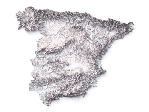 Spain continental, Elevation tint - White, 2D printed shaded relief map with 3D effect of Spain continental with monocrome white tint. Shop our beautiful fine art printed maps on supreme Cotton paper. Vintage maps digitally restored and enhanced with a 3D effect. VizCart from Vizart