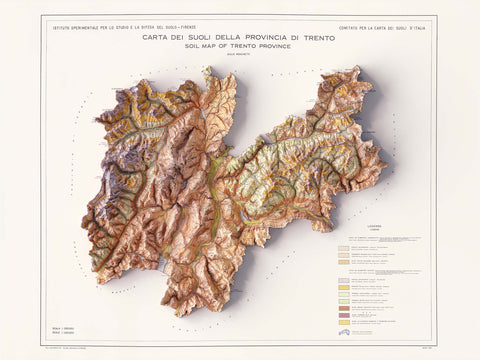 Trentino (Italy), Soil map - 1965, 2D printed shaded relief map with 3D effect of a 1965 soil map of Trentino (Italy). Shop our beautiful fine art printed maps on supreme Cotton paper. Vintage maps digitally restored and enhanced with a 3D effect. VizCart from Vizart
