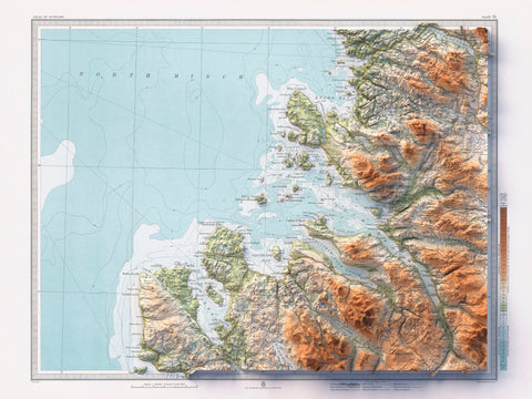 Ullapool (Scotland, UK), Topographic map - 1912, 2D printed shaded relief map with 3D effect of a 1912 topographic map of Ullapool and Lochinver (Scotland, UK). Shop our beautiful fine art printed maps on supreme Cotton paper. Vintage maps digitally restored and enhanced with a 3D effect., VizCart from Vizart