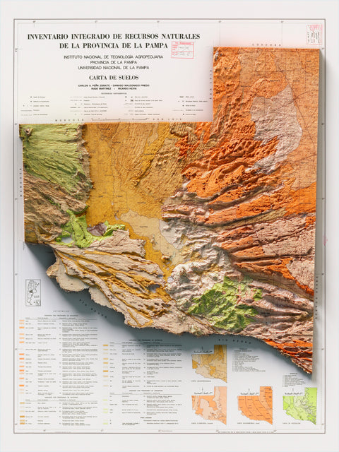 Pampas (Argentina), Soil map - 1976, 2D printed shaded relief map with 3D effect of a 1976 soil map of Pampas province (Argentina). Shop our beautiful fine art printed maps on supreme Cotton paper. Vintage maps digitally restored and enhanced with a 3D effect., VizCart from Vizart