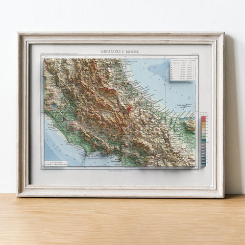 Abruzzo and Molise (Italy), Topographic map - 1928, 2D printed shaded relief map with 3D effect of a 1928 topographic map of Abruzzo and Molise (Italy). Shop our beautiful fine art printed maps on supreme Cotton paper. Vintage maps digitally restored and enhanced with a 3D effect. VizCart from Vizart