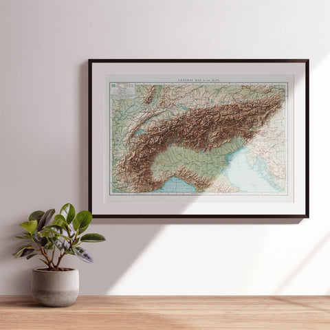 1900 Alps shaded relief map print with 3D effect fine art wall decor. VizCart from Vizart.