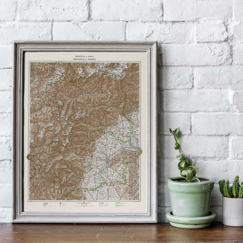 1930 Aosta and Turin (Italy) restored vintage topographic map reprinted on fine art paper. VizCart from VizArt.