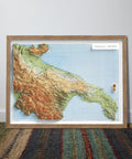 Apulia and Lucania (Italy), Topographic map - 1950, 2D printed shaded relief map with 3D effect of a 1950 topographic map of Apulia and Lucania (Italy). Shop our beautiful fine art printed maps on supreme Cotton paper. Vintage maps digitally restored and enhanced with a 3D effect. VizCart from Vizart