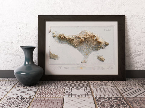 Bali (Indonesia), Topographic map - 1935, 2D printed shaded relief map with 3D effect of a 1935 topographic map of Bali (Indonesia). Shop our beautiful fine art printed maps on supreme Cotton paper. Vintage maps digitally restored and enhanced with a 3D effect., VizCart from Vizart