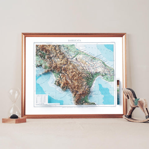 Basilicata (Italy), Topographic map - 1930, 2D printed shaded relief map with 3D effect of a 1930 topographic map of Basilicata (Italy). Shop our beautiful fine art printed maps on supreme Cotton paper. Vintage maps digitally restored and enhanced with a 3D effect. VizCart from Vizart