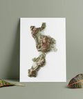 Calabria (Italy), Elevation tint - Geo, 2D printed shaded relief map with 3D effect of Calabria (Italy) with geo hypsometric tint. Shop our beautiful fine art printed maps on supreme Cotton paper. Vintage maps digitally restored and enhanced with a 3D effect. VizCart from Vizart