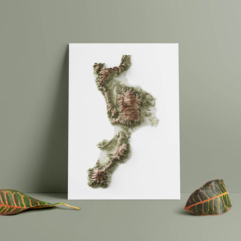 Calabria (Italy), Elevation tint - Geo, 2D printed shaded relief map with 3D effect of Calabria (Italy) with geo hypsometric tint. Shop our beautiful fine art printed maps on supreme Cotton paper. Vintage maps digitally restored and enhanced with a 3D effect. VizCart from Vizart