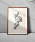 Calabria (Italy), Elevation tint - White, 2D printed shaded relief map with 3D effect of Calabria (Italy) with monochrome white tint. Shop our beautiful fine art printed maps on supreme Cotton paper. Vintage maps digitally restored and enhanced with a 3D effect. VizCart from Vizart