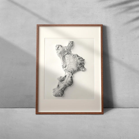 Calabria (Italy), Elevation tint - White, 2D printed shaded relief map with 3D effect of Calabria (Italy) with monochrome white tint. Shop our beautiful fine art printed maps on supreme Cotton paper. Vintage maps digitally restored and enhanced with a 3D effect. VizCart from Vizart