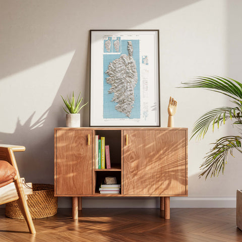 1943 Corsica (France) shaded relief topographic map print with 3D effect fine art wall decor. VizCart from Vizart.