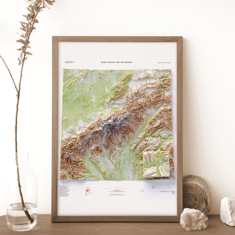 Denali National Park (Alaska, USA), Topographic map - 1986, 2D printed shaded relief map with 3D effect of a 1986 topographic map of Denali National Park (Alaska, USA). Shop our beautiful fine art printed maps on supreme Cotton paper. Vintage maps digitally restored and enhanced with a 3D effect. VizCart from Vizart