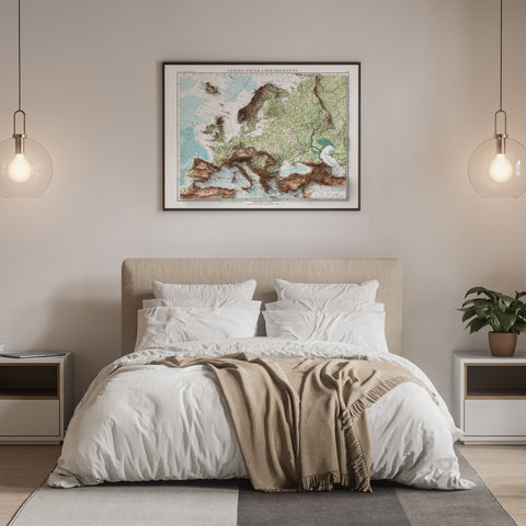 1899 Europe shaded relief topographic map print with 3D effect fine art wall decor. VizCart from Vizart.