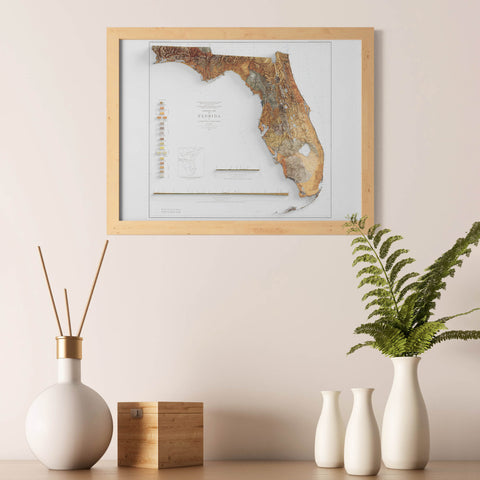 Florida, Geological map - 1929, 2D printed shaded relief map with 3D effect of a 1929 geologic map of Florida (USA). Shop our beautiful fine art printed maps on supreme Cotton paper. Vintage maps digitally restored and enhanced with a 3D effect. VizCart from Vizart