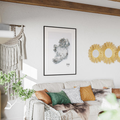 Ireland shaded relief elevation tint map (WHITE) print with 3D effect fine art wall decor. VizCart from Vizart.