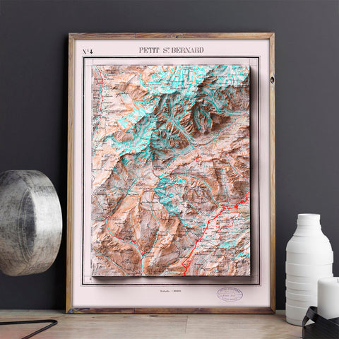 Little St Bernard, Topographic map - 1899, 2D printed shaded relief map with 3D effect of a 1899 topographic map of Little Saint Bernard. Shop our beautiful fine art printed maps on supreme Cotton paper. Vintage maps digitally restored and enhanced with a 3D effect., VizCart from Vizart