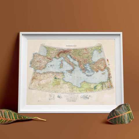 1937 Mediterranean Sea restored vintage topographic map reprinted on fine art paper. VizCart from VizArt.