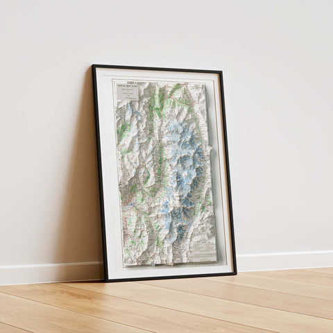 Mt Blanc (France, Italy, Switzerland), Topographic map - 1946, 2D printed shaded relief map with 3D effect of a 1946 topographic map of Mont Blanc. Shop our beautiful fine art printed maps on supreme Cotton paper. Vintage maps digitally restored and enhanced with a 3D effect. VizCart from Vizart