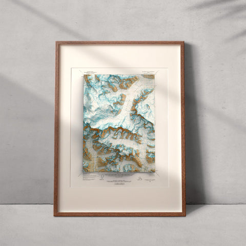 Mt Bona (Alaska, USA), Topographic map - 1966, 2D printed shaded relief map with 3D effect of a 1966 topographic map of Mt Bona (Alaska, USA). Shop our beautiful fine art printed maps on supreme Cotton paper. Vintage maps digitally restored and enhanced with a 3D effect. VizCart from Vizart