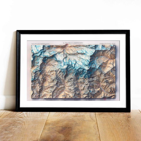 Mt Cervino and Mt Rosa (Italy), Topographic map - 1928, 2D printed shaded relief map with 3D effect of a 1928 topographic map of Mount Cervino and Mount Rosa. Shop our beautiful fine art printed maps on supreme Cotton paper. Vintage maps digitally restored and enhanced with a 3D effect., VizCart from Vizart