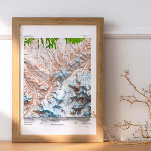 Mt Denali (Alaska, USA), Topographic map - 1964, 2D printed shaded relief map with 3D effect of a 1964 topographic map of Mt Denali (Alaska, USA). Shop our beautiful fine art printed maps on supreme Cotton paper. Vintage maps digitally restored and enhanced with a 3D effect. VizCart from Vizart