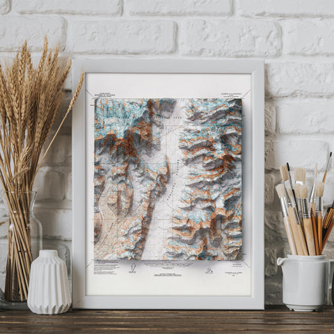 Mt Foraker (Alaska, USA), Topographic map - 1963, 2D printed shaded relief map with 3D effect of a 1963 topographic map of Mt Foraker (Alaska, USA). Shop our beautiful fine art printed maps on supreme Cotton paper. Vintage maps digitally restored and enhanced with a 3D effect. VizCart from Vizart