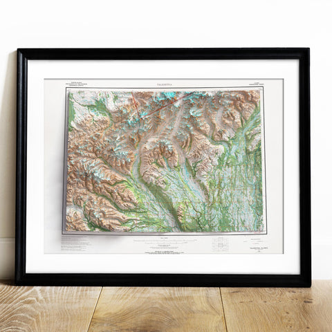 1973 Mount Foraker (Alaska, USA) shaded relief map print with 3D effect fine art wall decor. VizCart from Vizart