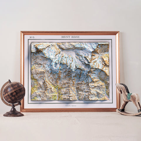 Mt Rosa (Italy), Topographic map - 1899, 2D printed shaded relief map with 3D effect of a 1899 topographic map of Monte Rosa. Shop our beautiful fine art printed maps on supreme Cotton paper. Vintage maps digitally restored and enhanced with a 3D effect., VizCart from Vizart