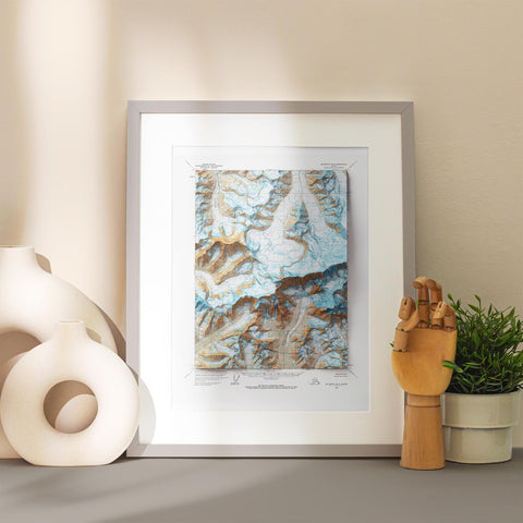 Mt University Peak (Alaska, USA), Topographic map - 1966, 2D printed shaded relief map with 3D effect of a 1966 topographic map of Mt University Peak (Alaska, USA). Shop our beautiful fine art printed maps on supreme Cotton paper. Vintage maps digitally restored and enhanced with a 3D effect. VizCart from Vizart