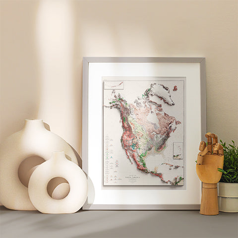 1911 North America shaded relief map print with 3D effect fine art wall decor. VizCart from Vizart.