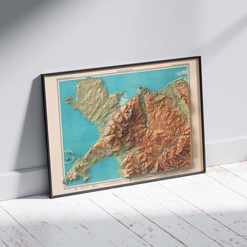 North Wales (Wales, UK), Topographic map - 1941, 2D printed shaded relief map with 3D effect of a 1941 topographic map of North Wales (Wales, UK). Shop our beautiful fine art printed maps on supreme Cotton paper. Vintage maps digitally restored and enhanced with a 3D effect., VizCart from Vizart
