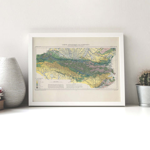 1891 Pyrenees (France, Spain) restored vintage geological map reprinted on fine art paper. Vizcart from Vizart