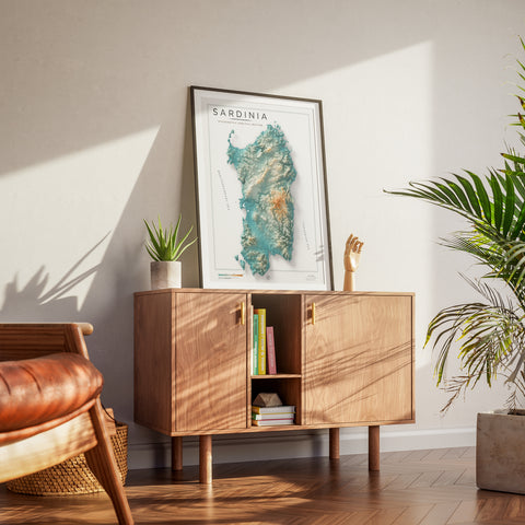 Sardinia (Italy) spectral shaded relief elevation map printed on fine art paper wall decor