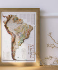 1950 South America shaded relief map print with 3D effect fine art wall decor. VizCart from Vizart.