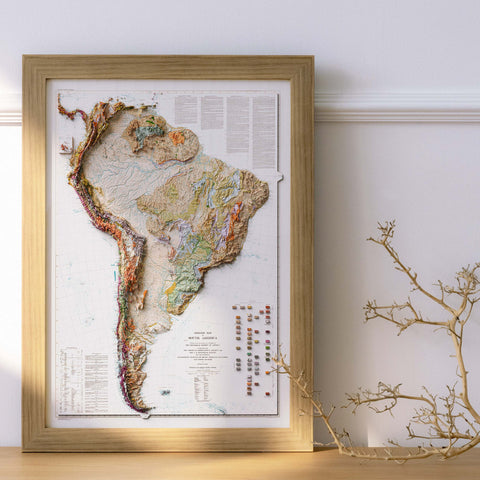1950 South America shaded relief map print with 3D effect fine art wall decor. VizCart from Vizart.