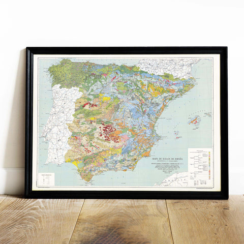 1966 Spanish peninsula and Baleares restored vintage soil map reprinted on fine art paper. VizCart from VizArt.