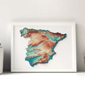 Spain continental, Elevation tint - Spectral, 2D printed shaded relief map with 3D effect of Spain continental with spectral tint. Shop our beautiful fine art printed maps on supreme Cotton paper. Vintage maps digitally restored and enhanced with a 3D effect. VizCart from Vizart