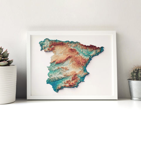 Spain continental, Elevation tint - Spectral, 2D printed shaded relief map with 3D effect of Spain continental with spectral tint. Shop our beautiful fine art printed maps on supreme Cotton paper. Vintage maps digitally restored and enhanced with a 3D effect. VizCart from Vizart