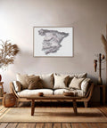 Spain continental, Elevation tint - White, 2D printed shaded relief map with 3D effect of Spain continental with monocrome white tint. Shop our beautiful fine art printed maps on supreme Cotton paper. Vintage maps digitally restored and enhanced with a 3D effect. VizCart from Vizart